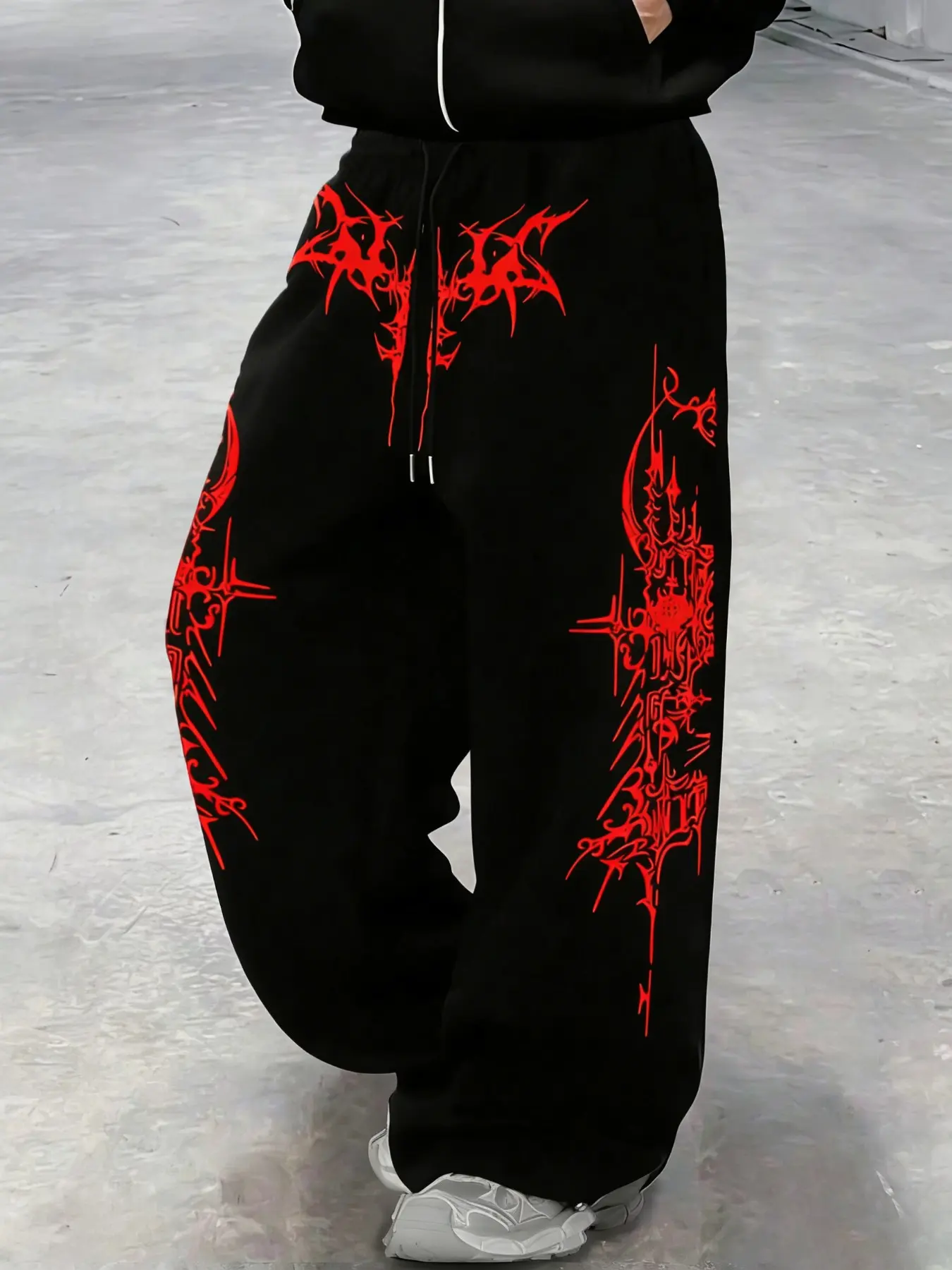 Unisex Cyber Tribal Abstract Thorn Wide Leg Streetwear Sweatpants, Gothic Print Drawstring Waist, Soft Fabric, Y2K Street Style
