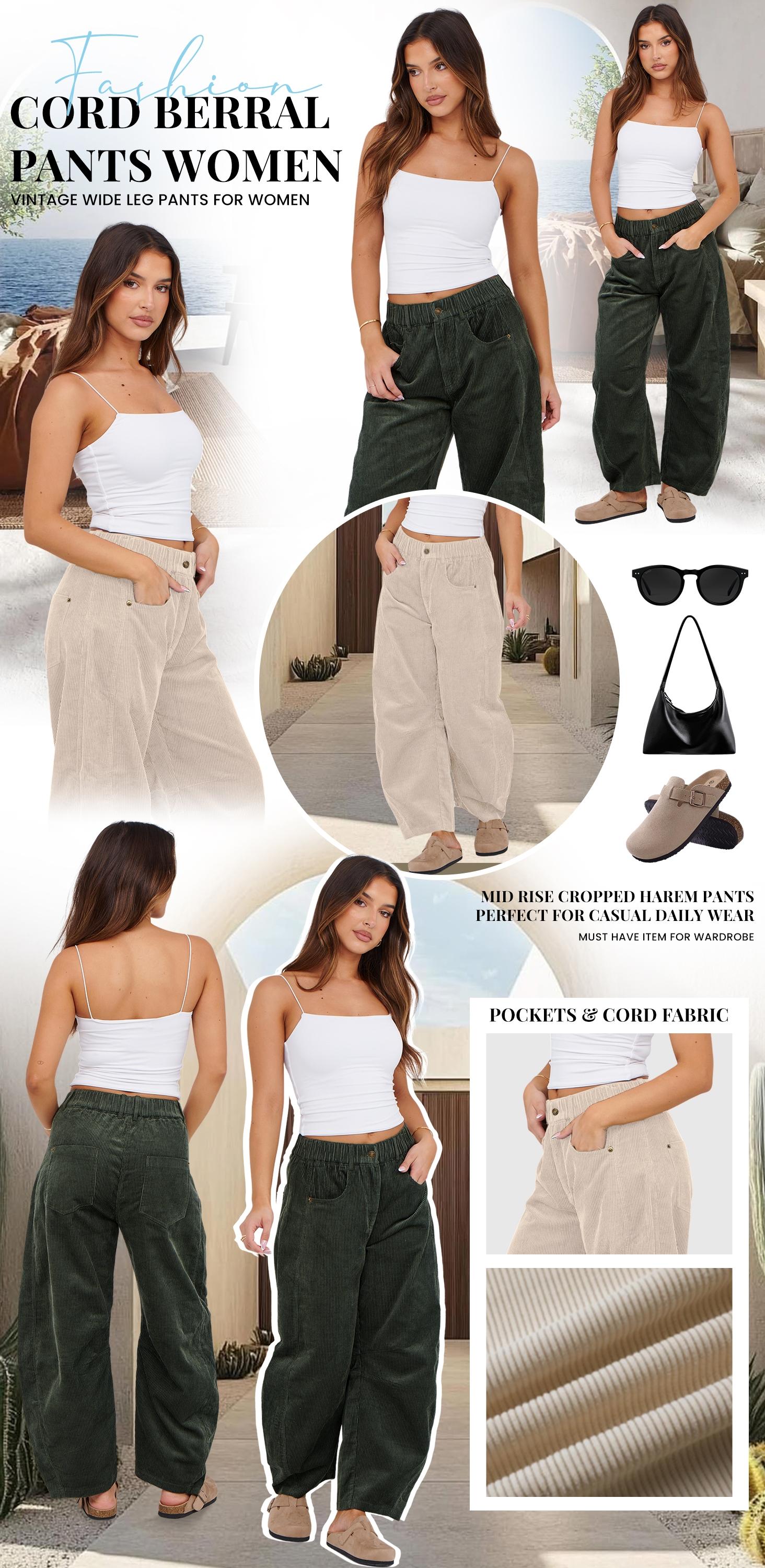 2026 Women's Corduroy Pants Barrel Mid-Rise Elastic Waist Cord Pants Springfresh Casual Wide Leg Baggy Trouser with Pockets..