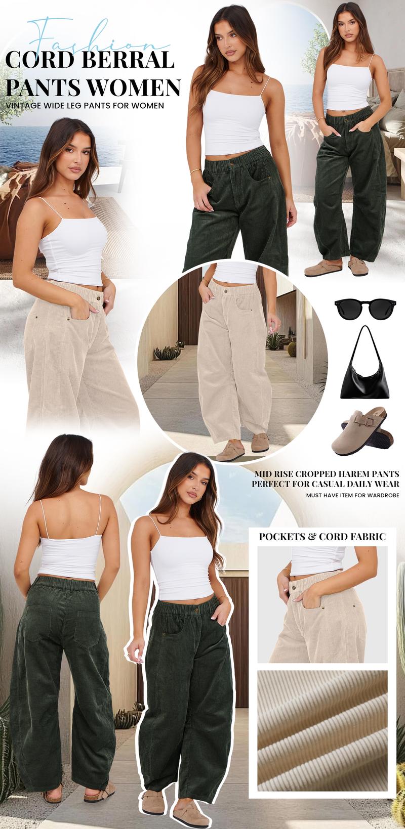 Tanming Women's Corduroy Pants Barrel Mid-Rise Elastic Waist Cord Pants Springfresh Casual Wide Leg Baggy Trouser with Pockets