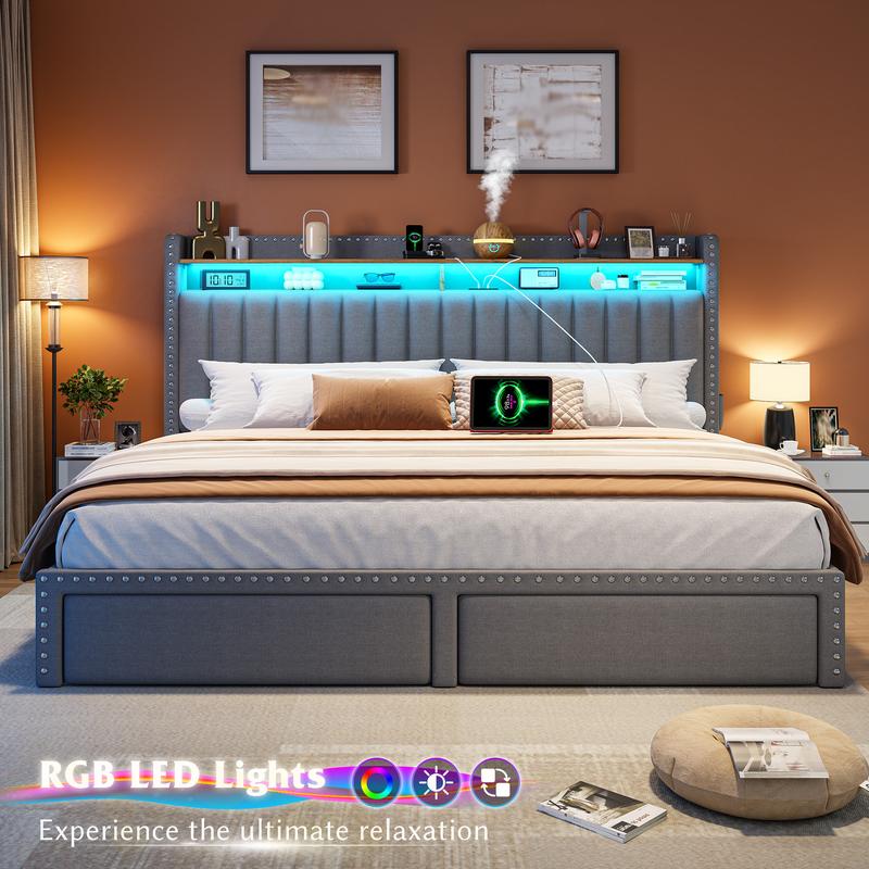 Raybe Furniture Upholstered Bed Frame with LED & Charging Station & 2 Drawers, MATTRESS NOT INCLUDED, Twin, Full, King, Queen Size Bed Frame with Headboard &Shelves, Holds 1000 LBS, No Noise Raybe Furniture Upholstered Bed Frame with LED & Charging Station & 2 Drawers, MATTRESS NOT INCLUDED, Twin, Full, King, Queen Size Bed Frame with Headboard &Shelves, Holds 1000 LBS, No Noise