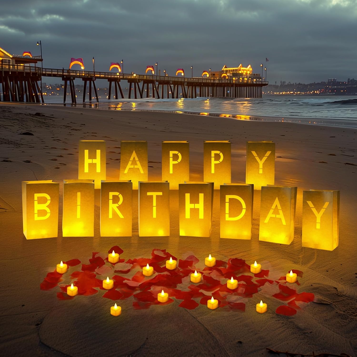 Happy Birthday Light Up Letters Luminary Bags with Flameless Candles and Fake Rose Petals, Happy Birthday Sign Party Decoration for Women Men
