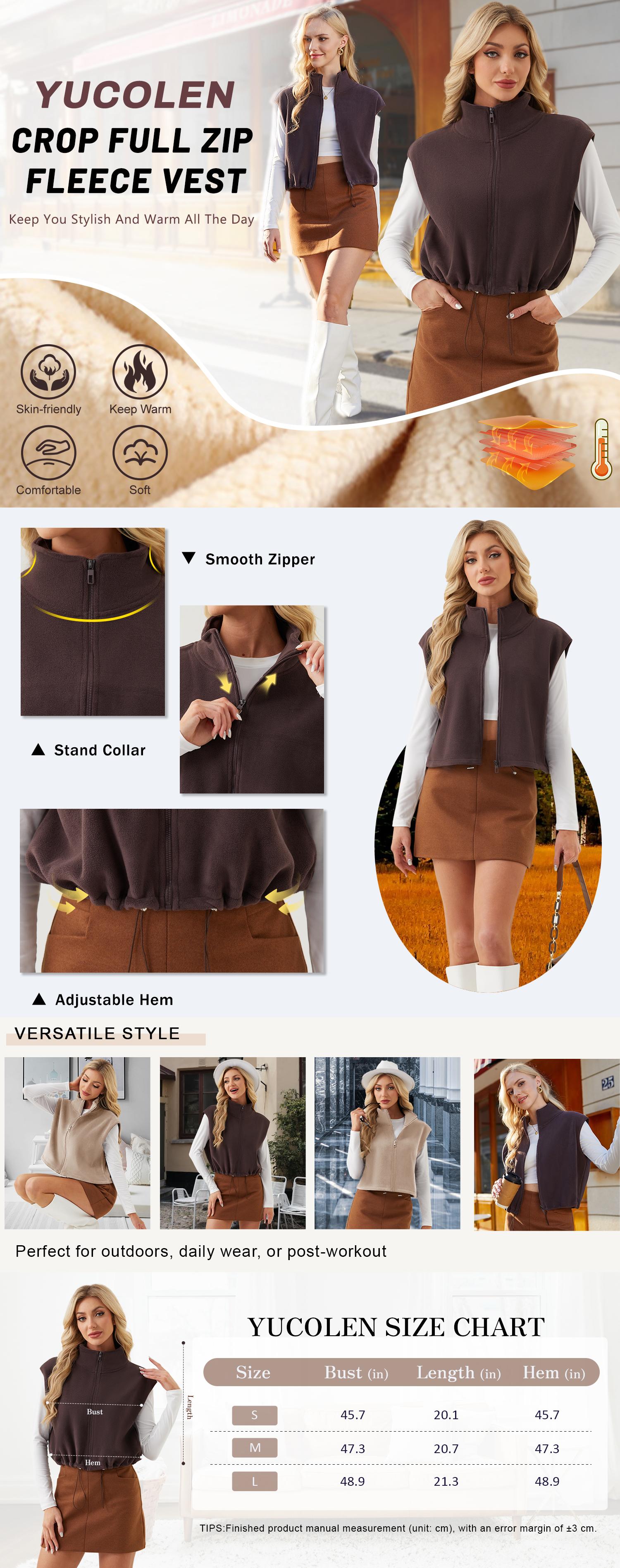 YUCOLEN Women’s Full Zip Fleece Short Vest Warm Winter Sleeveless Sherpa Crop Coat with Stand Collar