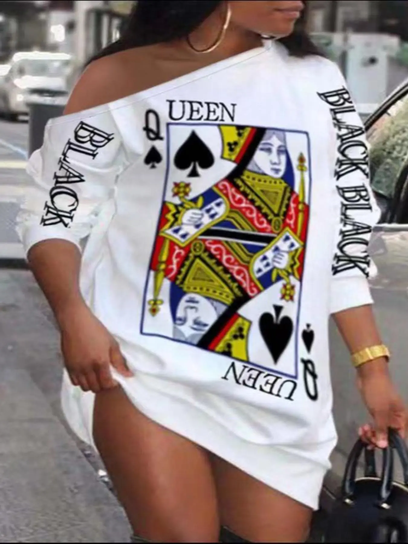 Women's Fashion Graphic Playing Card Print Drop Shoulder Jersey Dress, Casual Style One Shoulder Fitted Short Dress for Daily Outdoor Wear, Women's Statement Dress for Spring & Fall