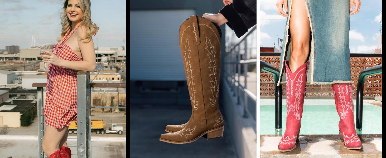 Cowboy Boots for Women - Knee High Pointed Toe Chunky Heel Pull On Zipper Western Cowgirl Boots, Retro Country Vintage Fashion Tall Boots Cowboy Boots for Women - Knee High Pointed Toe Chunky Heel Pull On Zipper Western Cowgirl Boots, Retro Country Vintage Fashion Tall Boots