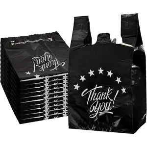 Black Thank you T shirt bag, Grocery shopping bag Reusable and Disposable Supermarket Bag 11''x6''x21'' 100PCS