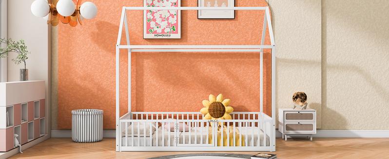 Bellemave Twin/Full Size Metal House Bed with Fence and Door Black Crib for Infant Portable Crib Kids Furniture Bedroom Distressed Washed Design Classic House Bed for Kids