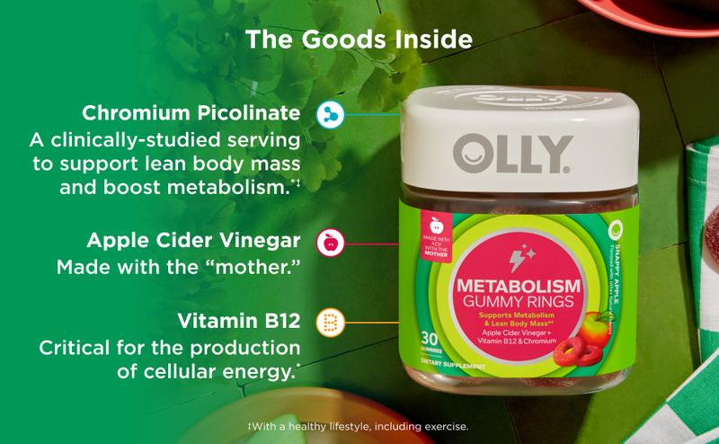 OLLY Metabolism Gummy Rings, Apple Cider Vinegar, Vitamin B12, Chromium, Energy and Digestive Health, Chewable Supplement, Apple Flavor - 30 Count