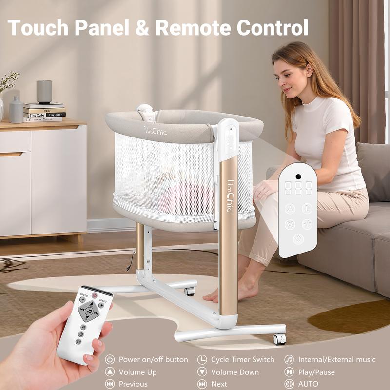 TIMCHIC 3-in-1 Auto Rocking Bassinet – Electric Bedside Crib, Adjustable Heights, On Wheels – Keeps Baby Calm & Close (0-12 Months)