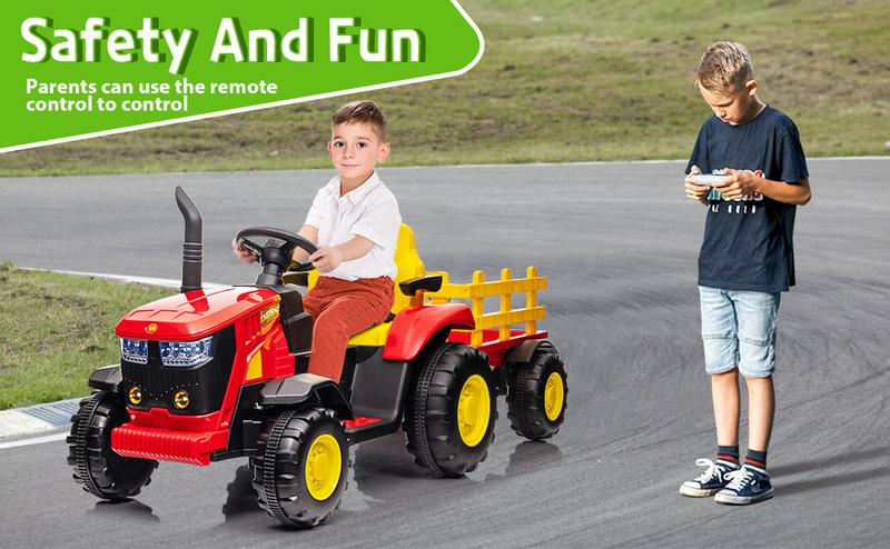 【GARVEE】12V Remote Control Tractor for Kids with 7 LED Lights, Safety Belt, Dual 35W Motors, Trailer, Horn, Music, USB Connectivity, Available in Blue, Green, Red, and Pink