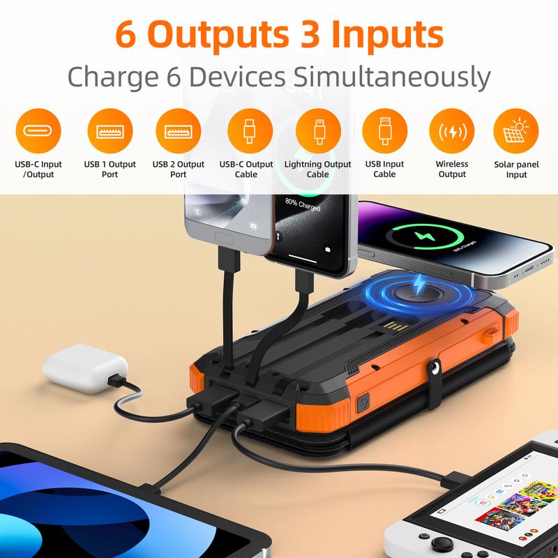 20000mAh Solar power bank PD 15W Fast Solar Charger with Foldable Panels 4 Foldable Panels 15W Wireless Built-in Cables USB-C In/Out Camping Hurricane Emergency Smart iPhone 17 Compatible Chargeable Power Bank