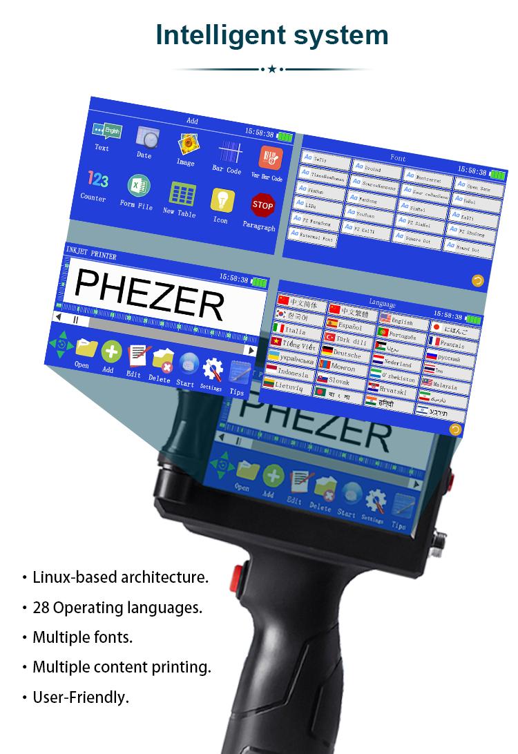 Phezer P15 Smart Touchscreen Handheld Inkjet Coder | High Adhesion PS100 Black Ink (0.5 Inch/12.7mm) | 600DPI Portable Printer for Metal, Glass, Plastic. Prints Date, Batch Code, QR, and Barcode Cloth Printing