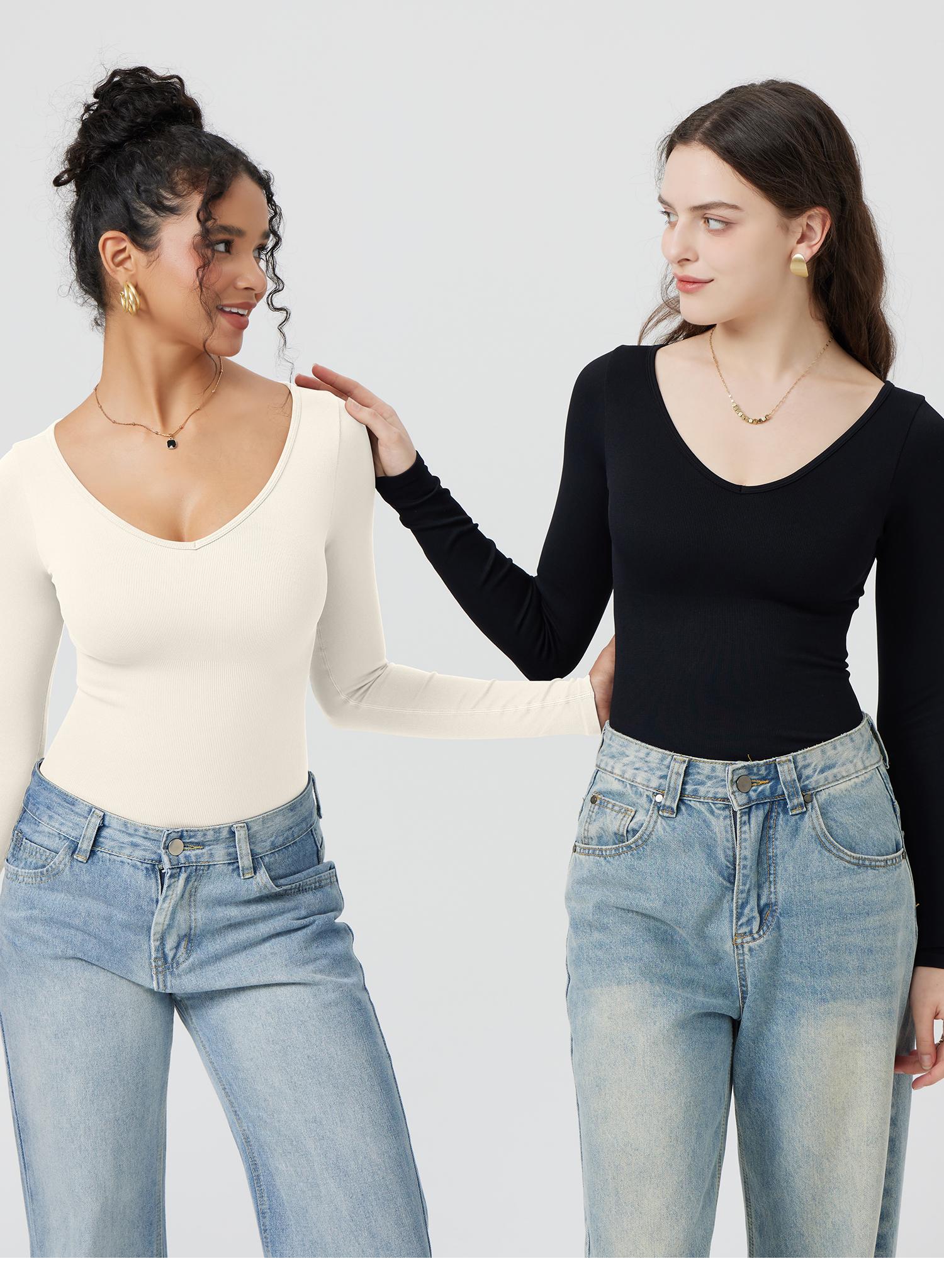 OQQ Women's 2 Piece Ribbed Bodysuit Sexy V Neck Long Sleeve Womenswear Comfort Basic SpringStatements