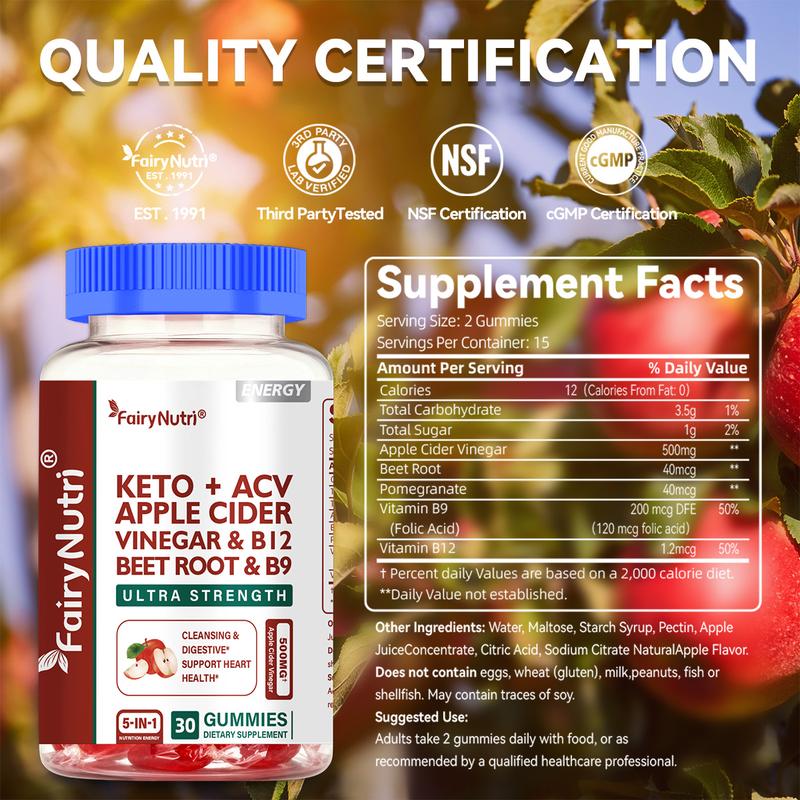 FairyNutri Keto + ACV Gummies, 5-in-1 Apple Cider Vinegar Gummies with Beet Root, Pomegranate, Vitamin B12 & B9, Supports Gut Health, Detox & Energy, 500mg ACV, 30 Gummies