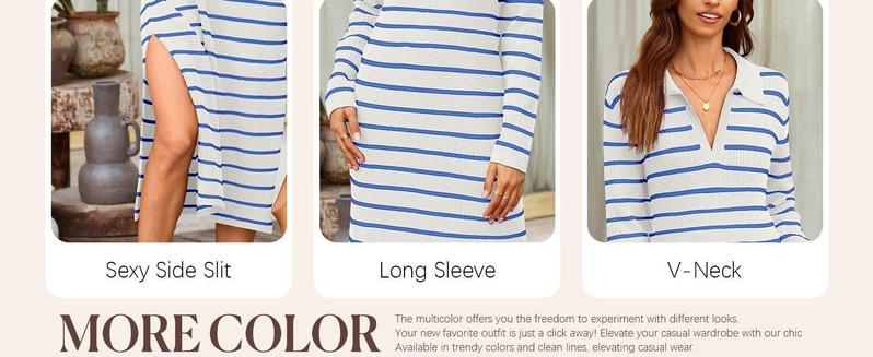 Imily Bela Womens Striped Summer Dresses Short Sleeve V Neck Knit Collared Sexy Slit Loose Maxi Sweater Dress Imily Bela Womens Striped Summer Dresses Short Sleeve V Neck Knit Collared Sexy Slit Loose Maxi Sweater Dress