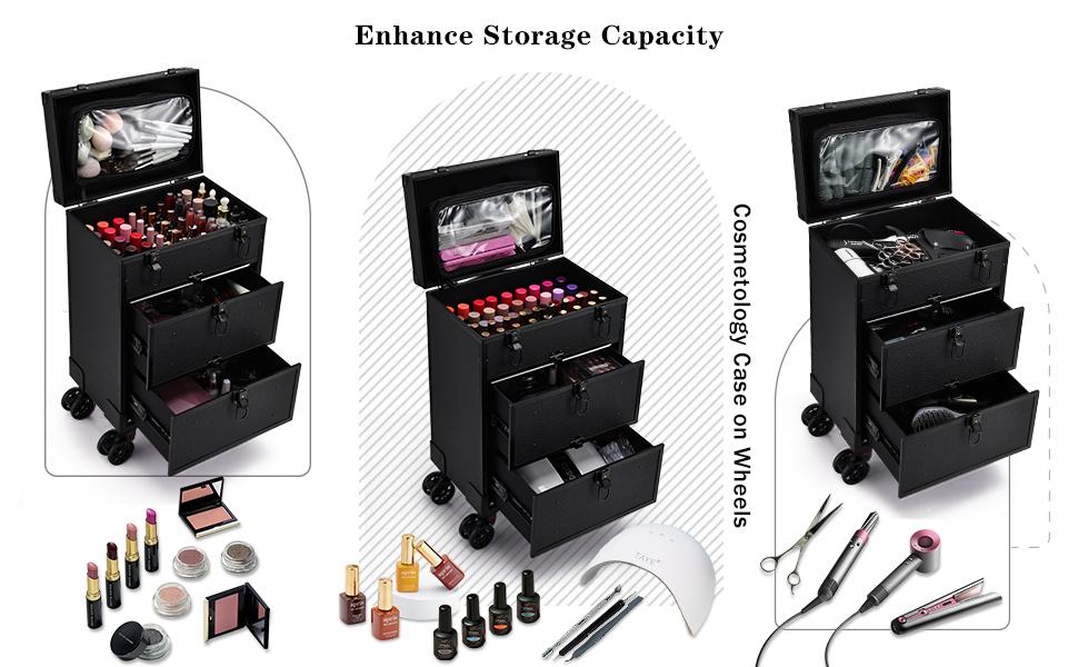 Rolling Makeup Case with Wheels Professional Cosmetology Trolley Case with 2 Large Drawers Travel Makeup Train Case with Pouch Nail Suitcase Rolling Makeup Case with Wheels Professional Cosmetology Trolley Case with 2 Large Drawers Travel Makeup Train Case with Pouch Nail Suitcase