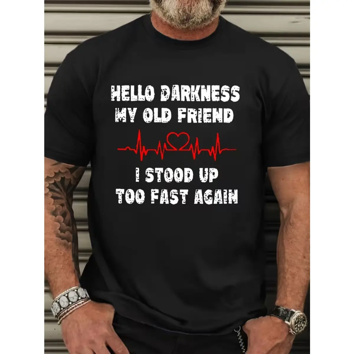 Plus Size Men'S Casual Round Neck Short Sleeve T-Shirt with The Phrase 'HELLO DARKNESS MY OLD FRIEND I STOOP UP TOO FAST AGAIN'