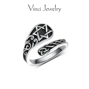 925 Unisex Hexagram Open Ring with Celtic Knot Design, Dark Style Star of David Protection Ring Unique Adjustable Design with Black Accents, Perfect for Daily Wear, Fantasy Mysticism Amulet Gift for Girls