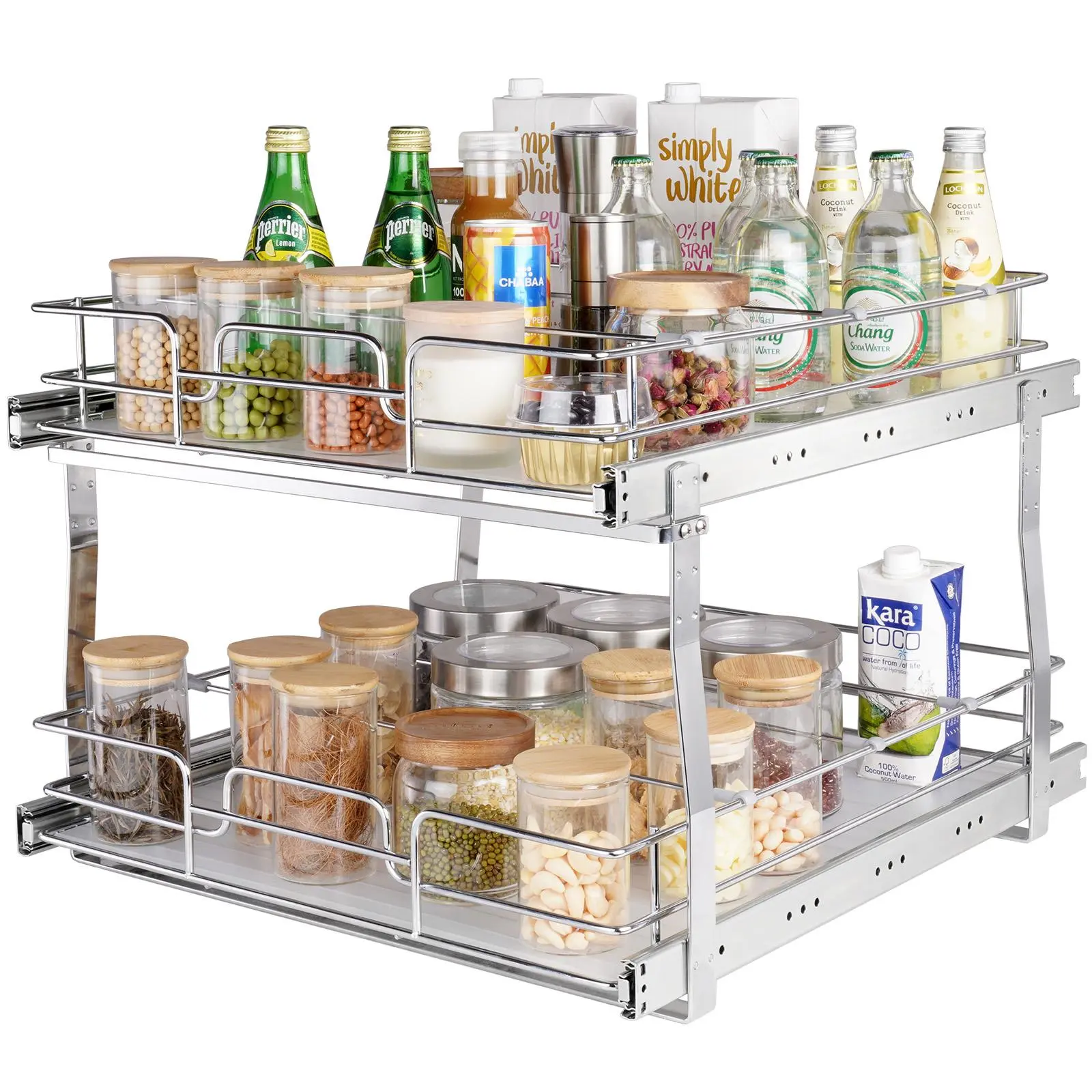VEVOR 2-Tier Sturdy Chrome-Plated Steel Undershelf Cabinet Organizer Racks, 19"W x 20"D Pull-Out Shelf with Smooth Slides, Removable Tray, Dual-Shelf Storage Unit for Under Sink Organization, Pots and Pans Organization