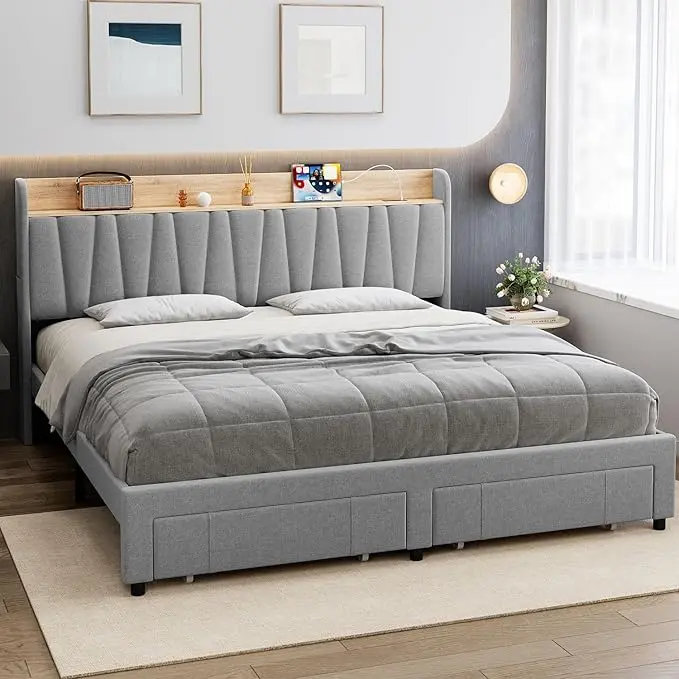 Upholstered Full Size Bed Frame - Durable Heavy Duty Platform Bed with Storage Headboard, Charging Station, Hidden Storage Compartment Drawer, Solid Wooden Slats Mattress Foundation, No Box Spring Needed, Durable Bed Frames