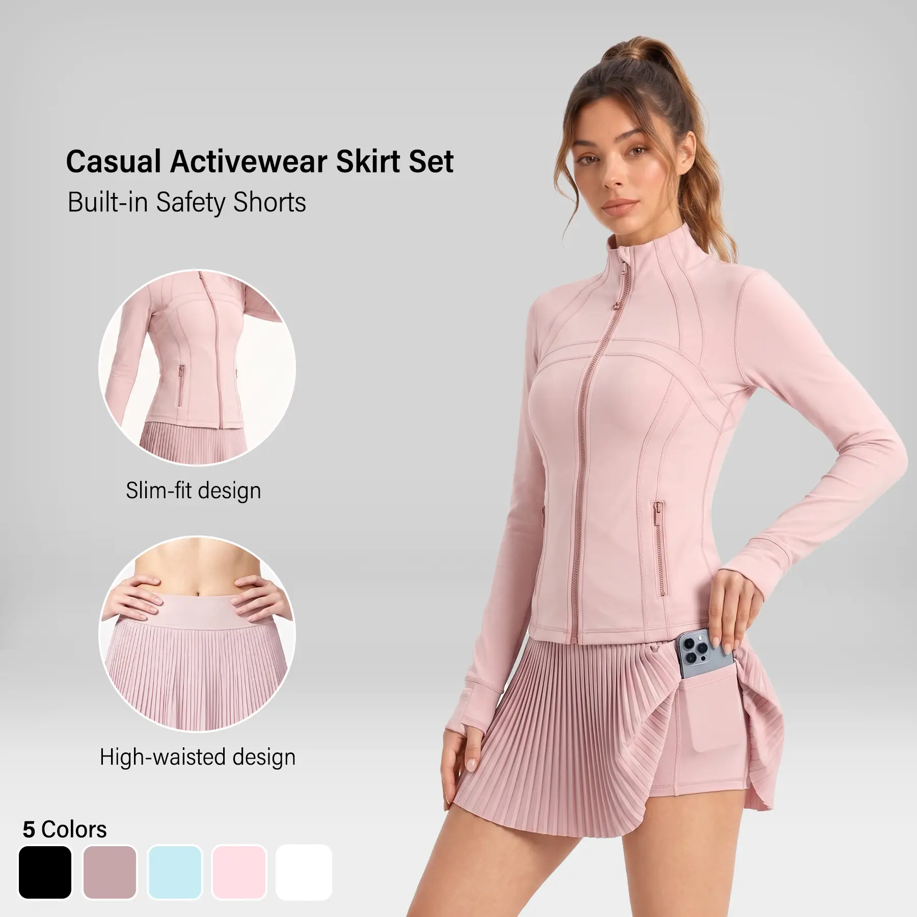 Women's Activewear Jacket and Pleated Skirt Sold Separately Zip Up Golf Jacket Long Sleeve Fitted Coat OR Tennis Skirt Skort with Built in Shorts High Waisted Slim Fit Athletic Workout Set Style