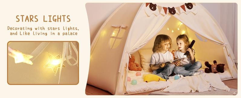 Children's play tent with Stars Light & Flags, Breathable Sleeping Bed Tent, Privacy Space Dream Playhouse for kids Indoor Bedroom Floor Portable Play Tent