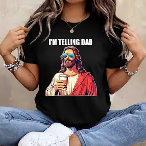 I'm Telling Dad Funny Jesus Meme Shirt Christian Humor Graphic Tee Cool Religious Joke T-Shirt Casual Heavy Cotton Unisex Gift Idea for Friends Family S–5XL
