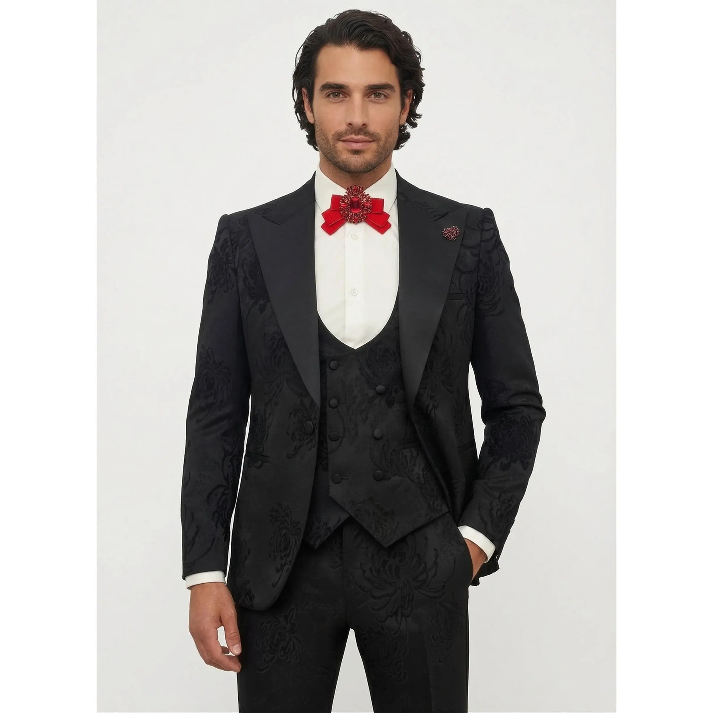 Black Textured 3-Piece Slim Fit Suit with Vest