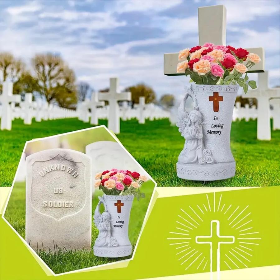 White Religious Heaven Angel Wing Cross Synthetic Figurine - Solar LED Light Resin Vase Ornament, Graveyard Bereavement Memorial Gift for Relatives (Figurines, Statues & Bobbleheads Category)