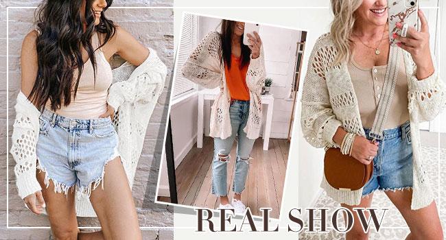 Women's Lightweight Crochet Cardigan Long Sleeve Open Front Oversized Summer Sweater Batwing Beach Fashion