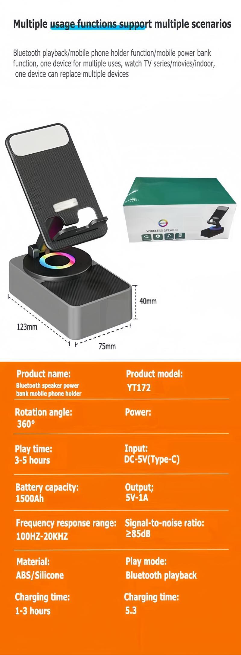 Wireless Audio Bluetooth Speaker 5in1 Phone Holder Emergency Rechargeable withColorful Ambient Light 300° Foldable for Tablet iPhone Android, Gifts for Men Women ，Black