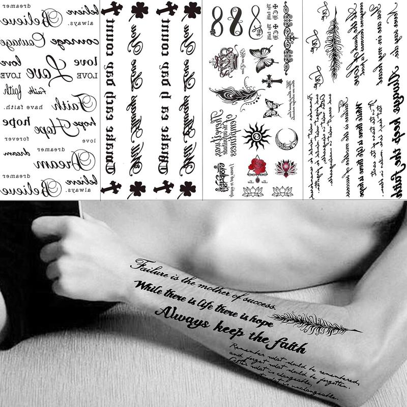 18 Sheets Black Inspired Quotes Temporary Tattoos For Women Kids Children Long Lasting Letter Alphabet Words Fake Tattoo Stickers Birds Cross ECG...