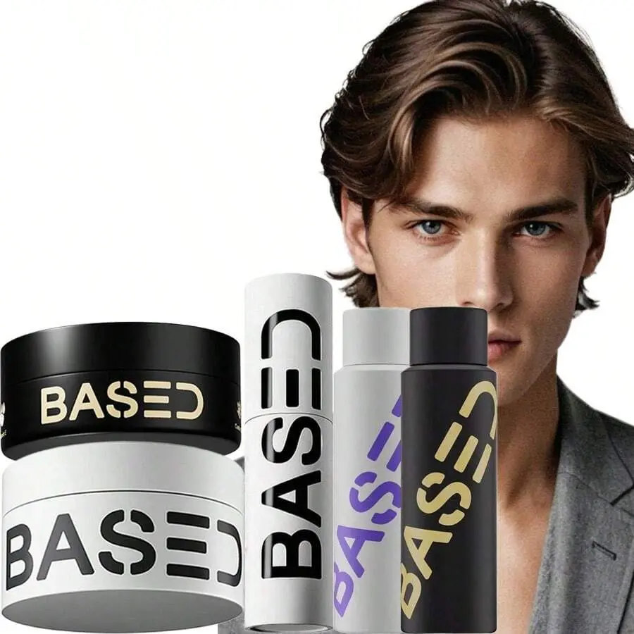 Five-In-One Combo Pack BASED Ultimate Straight/Wavy Hair Styling Bundle| Hair Texturizing Powder And Hair Clay For Men,Shower Duo Shampoo & Conditioner Bundle With Peppermint Oil Hair Care Products,Texture Powder, Clay, Pomade| BASED Bodyworks|Premium,Lig