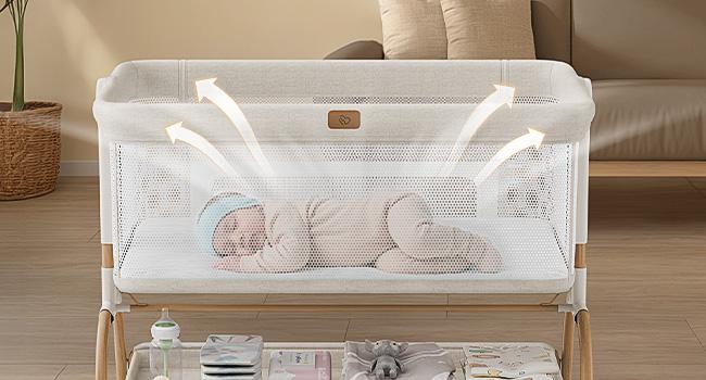 BabyBond 3-in-1 Baby Bassinet Bedside Sleeper, 6-Height Adjustable Crib with Mattress & Soft Breathable Sheet, Full-Mesh Sides and Ventilated Net, Easy-to-Fold Portable Style & Wheels, Safe and Steady Bassinet for Newborns, Ideal Christmas Gift for Babies