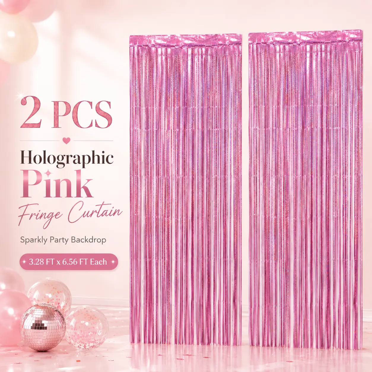 2 PCS Shiny Lightweight Holographic Pink Tinsel Fringe Curtain Pack - 3.28ft x 6.56ft Metallic Foil Party Wall Backdrop Set for Birthday, Wedding, Photo Booth Decor