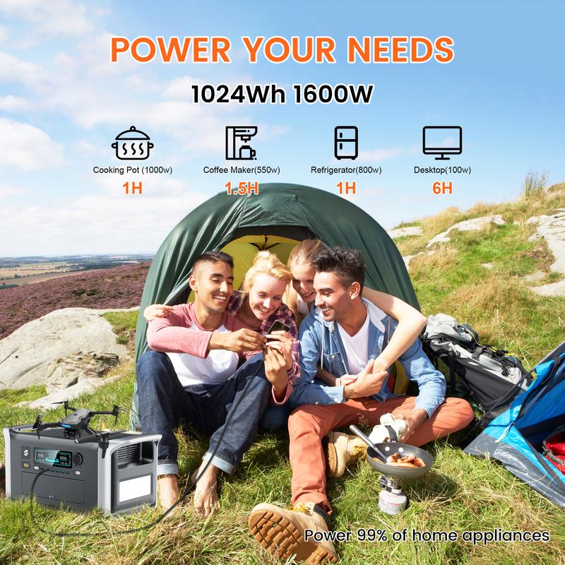 CTOLITY XP1000 1600W 1024Wh Portable Power Station Home Emergency Backup Power Supply LiFePO4 Battery 1.2H Fast Charge 110V AC 100W USB-C Output Solar Generator for Home Backup Camping Travel RVs Emergencies Durable Lights Phone Chargeable