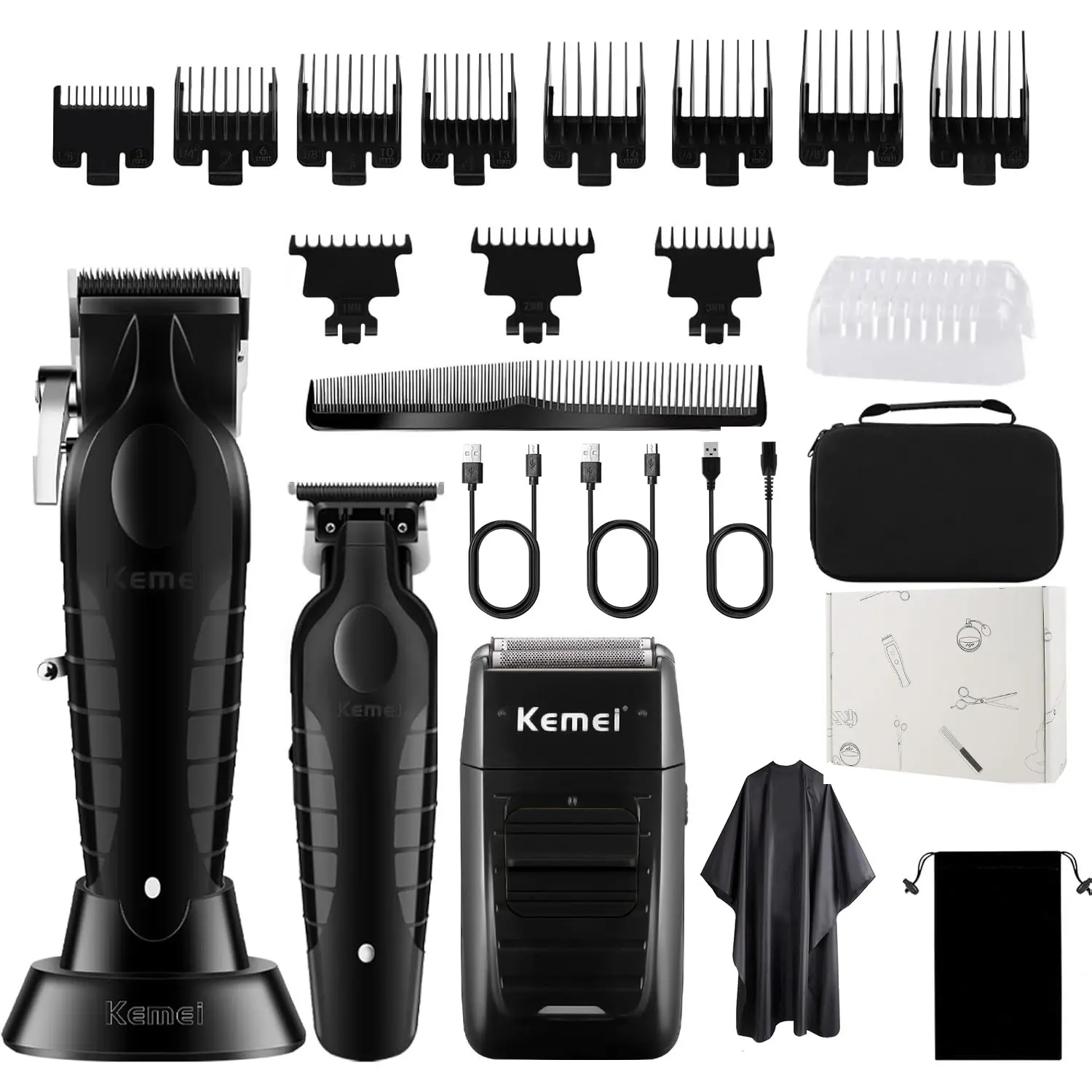 KEMEI Professional 3-in-1 Men's Grooming Kit - Cordless Hair Clipper, T-Blade Trimmer & Foil Shaver with USB Port, 11 Guide Combs, Adjustable Head, ABS Build for Home Haircuts, Beard Style, Men's Stuff, Hair Tools