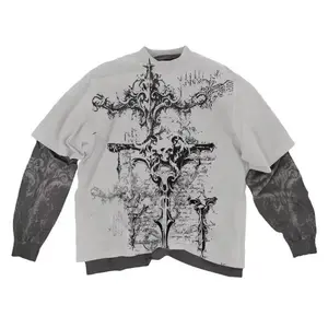 2000s American Skull Pattern Long sleeved T shirt Fashion Round Neck Oversized T shirt Mens Casual Gothic Clothing Tops