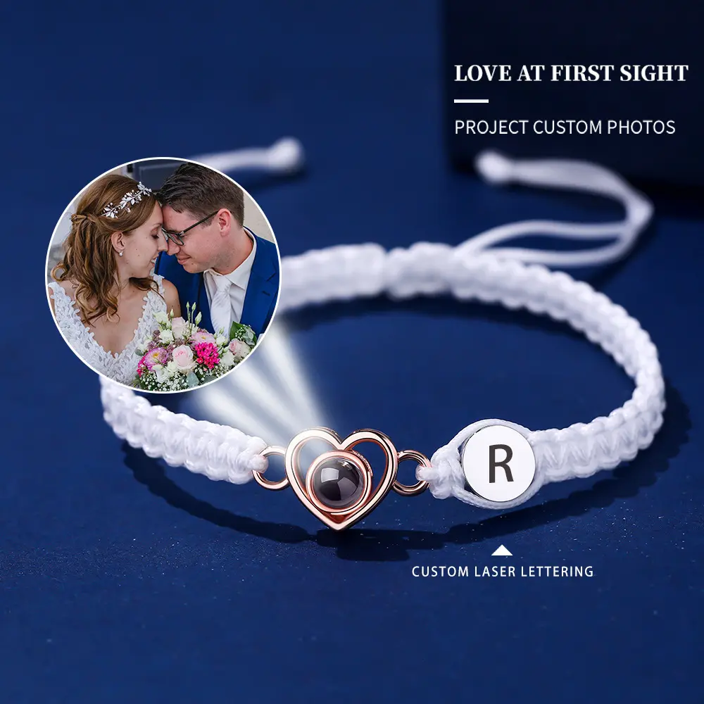 Couples Bracelets with Custom Photo Projection, Unisex Braided Cord with Personalized Alloy Heart Charm, Laser Engraved Gift for Daily Wear, Custom Content (Contact Us), Bangle, Custom Laser Lettering