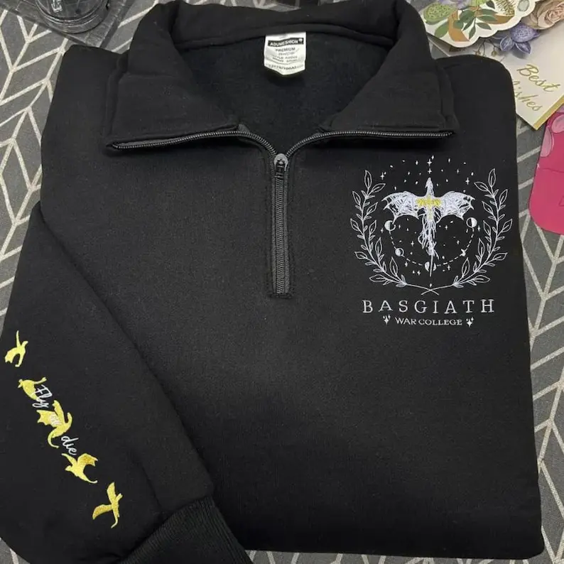Fourth Wing Embroidered Quarter Zip Sweater, Basgiath War College Shirt, Dragon Rider Hoodie, Violet Sorrengail, Fantasy Reader Gift