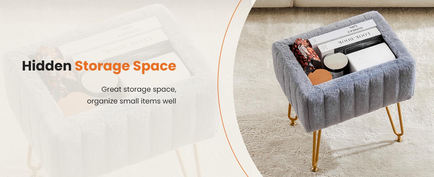 HomeSquad Vanity Stool Chair with Storage, Ottoman Faux Fur Soft Padded Makeup Footstools Seat with 4 Metal Legs Anti-Slip Adjustable Feet Modern Cute Small Footrest for Home Entryway Bedroom