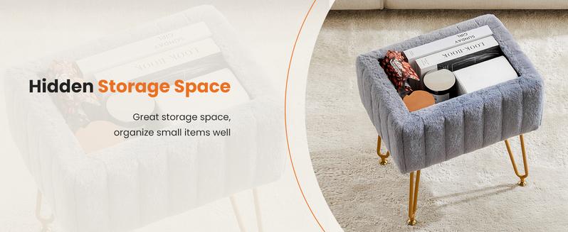 HomeSquad Vanity Stool Chair with Storage, Ottoman Faux Fur Soft Padded Makeup Footstools Seat with 4 Metal Legs Anti-Slip Adjustable Feet Modern Cute Small Footrest for Home Entryway Bedroom