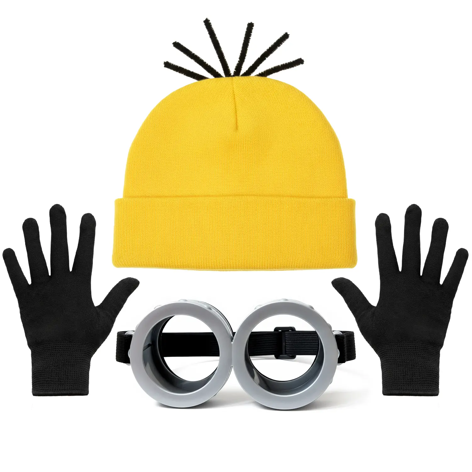 Unicelucky 3Pcs Halloween Yellow Costumes Accessories, Steampunk Goggles Glasses/Black Gloves/Yellow Beanie Hat for Adults Men Women Cosplay Party Christmas Birthday Set