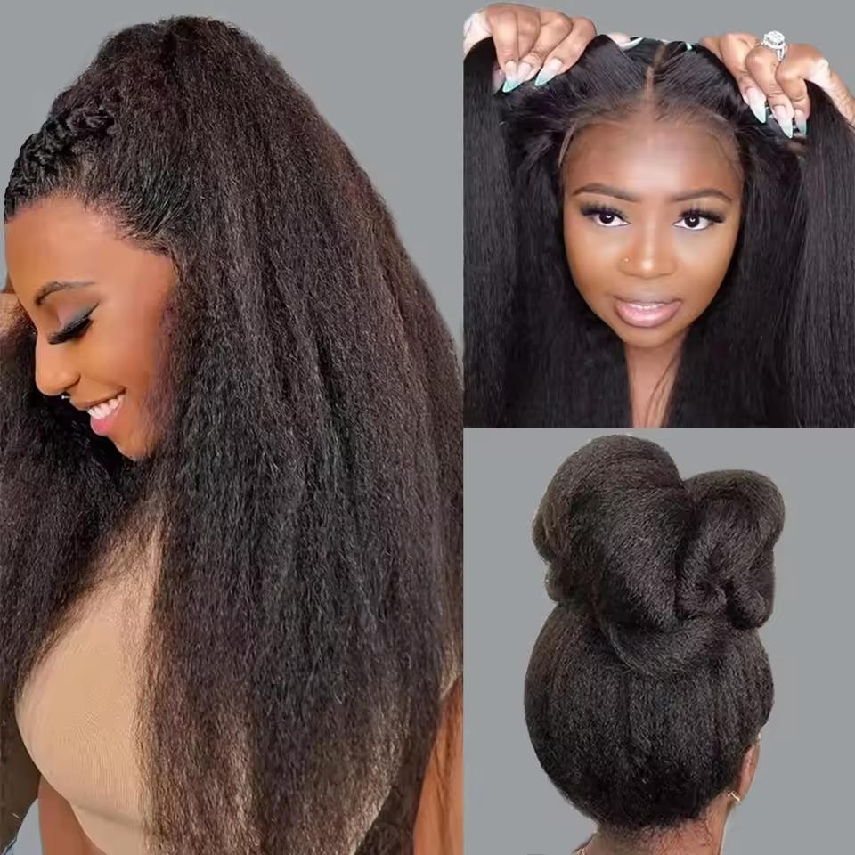 MYLOCKME Women's 360 Glueless Full Lace Wig, 180 Density Brazilian Hair, 32-34 Inch Kinky Yaki Straight, 13x6 HD Lace Frontal, Preplucked Human Hair Wig