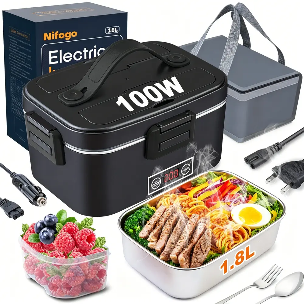 Portable Food Warmer Electric Lunch Box 80-100W Fast Heating, Multi Voltage 12V 24V 110V, Complete Cutlery Insulated Bag for Daily Almuerzo