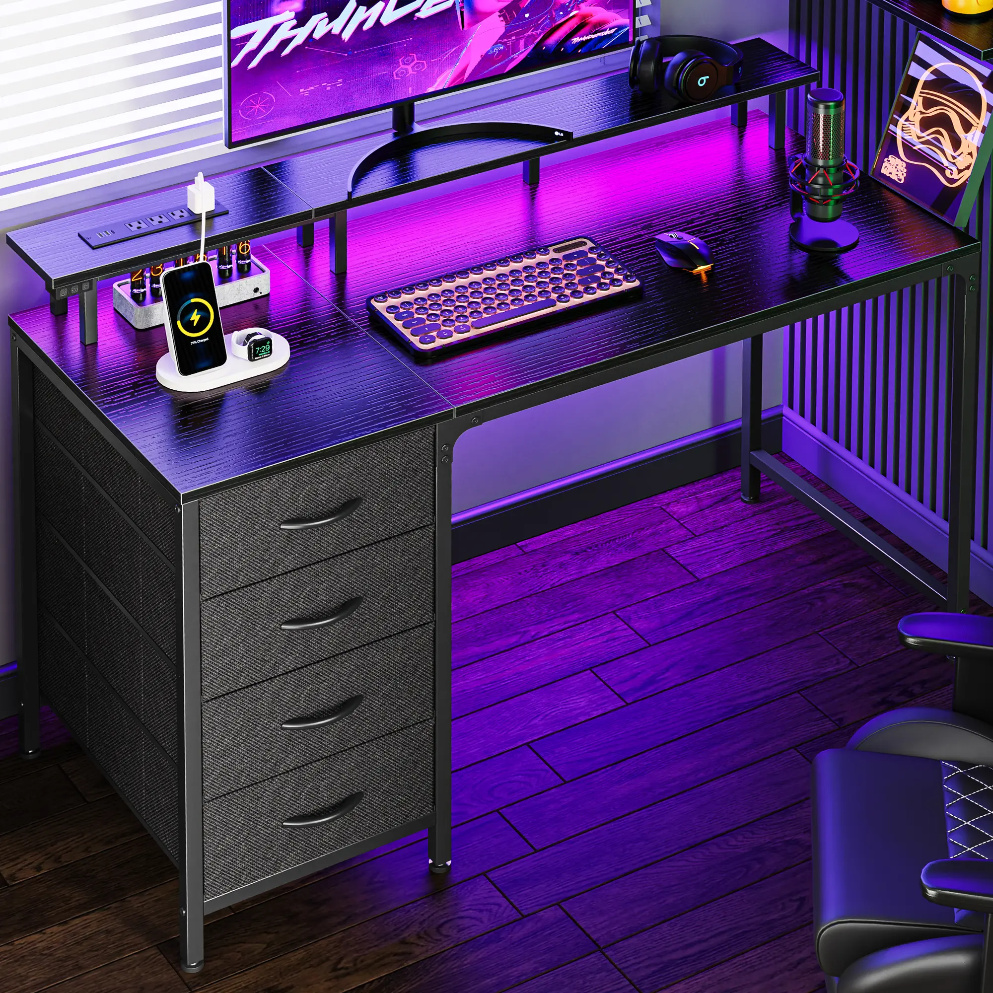 Huuger Computer Desk - Home Office Reversible Gaming Computer Table with Power Outlets, LED Lights, 4 Drawers, Monitor Stand, and USB-C Port, Reversible Office Desk