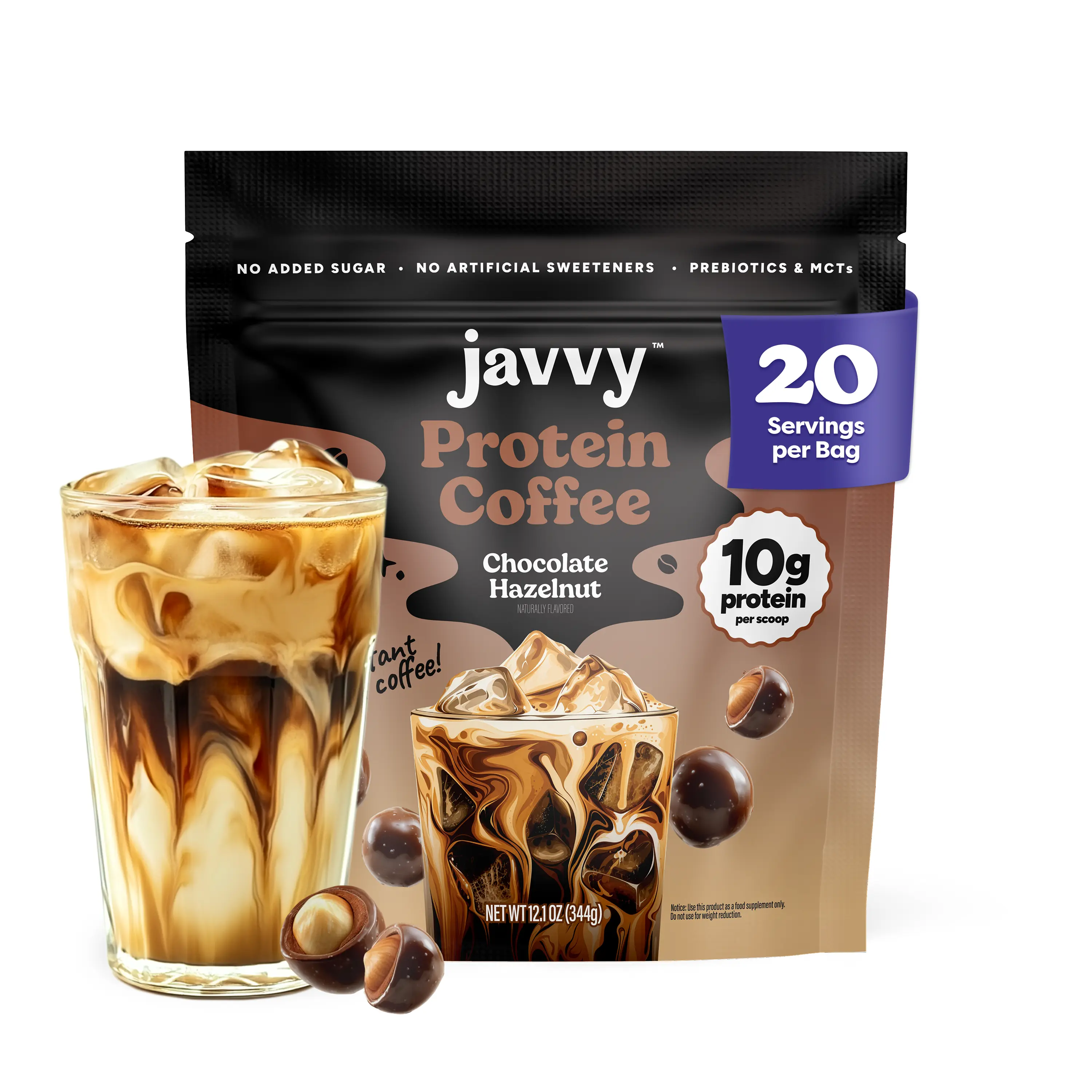 Javvy Chocolate Hazelnut Protein Iced Coffee - Premium Whey Protein, Instant Iced Coffee, 100% Natural Cold Brew, Arabica Bean, 0 Artificial Flavors & Sweeteners, 0 Sugar, 80 mg Caffeine, 20 Servings