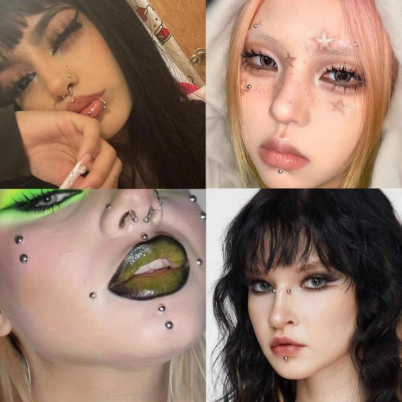 Face Gems Lip Stud Fake Lip Piercing Fake Nose Stud Eyebrow Stud Non Piercing Silver Belly Button Sticker Face Sticker Fake Nose Ring Cool Punk Y2K Makeup for Women Men