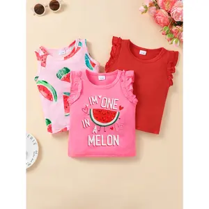 3-Pack Baby Girls Ruffle Sleeveless Tank Tops, Watermelon Print & "I'm One in a Melon" Graphic Round Neck Tops for Infant Toddler 42504017