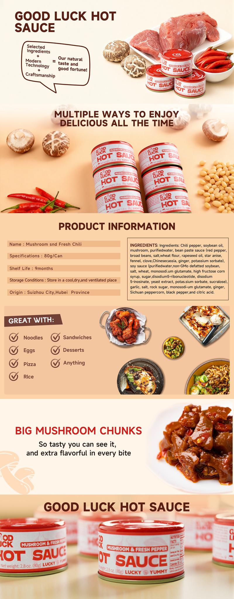 The world’s first low-fat, low-sodium, low-calorie healthy salad mushroom chili sauce – Only 30 calories per can! Each box contains 6 cans, plant-based, vegan, and no preservatives. The perfect addition to your salad!