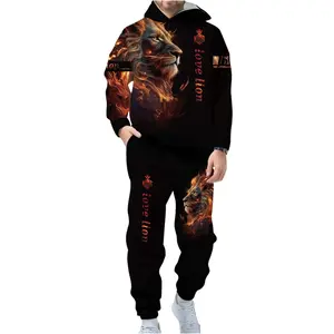 Trendy Men's Fire Lion 2-Piece Set Casual Hoodie & Jogger Pants Street Style Tracksuit Plus Size